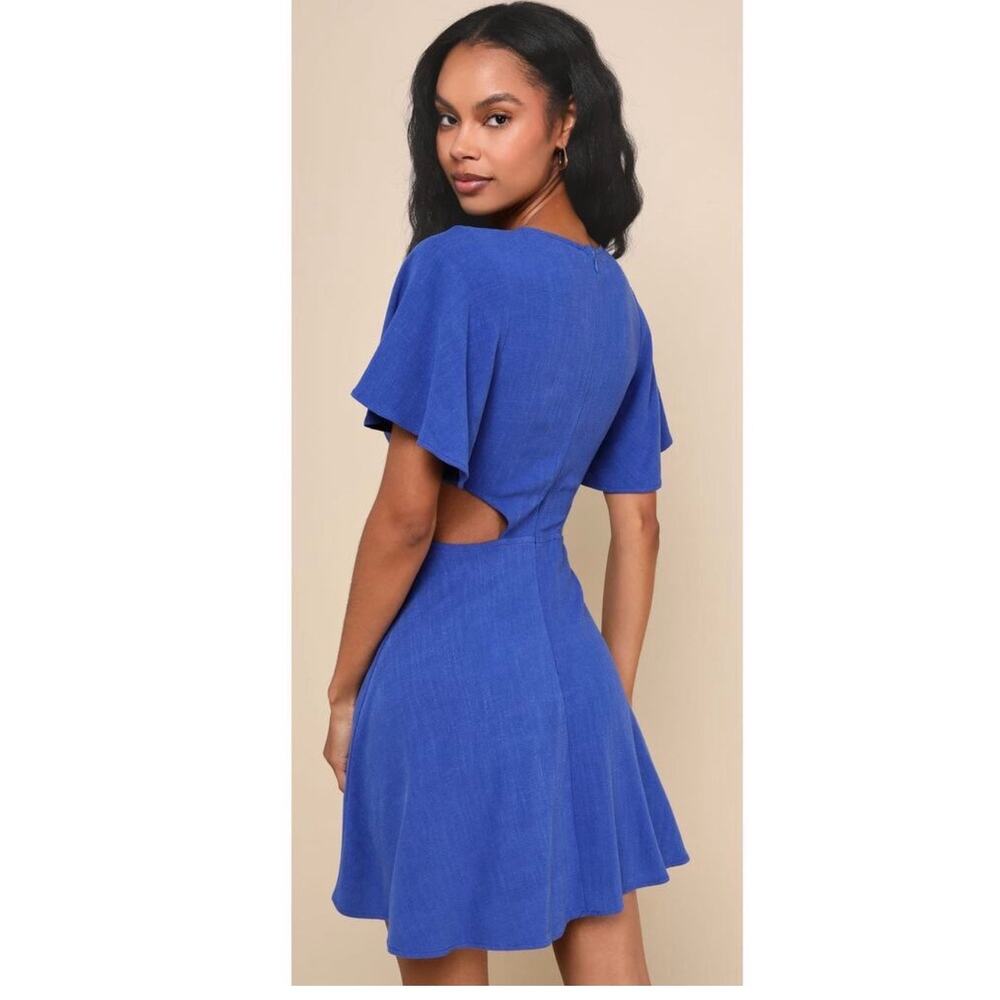 Lulus Dress Womens Medium Perfect Day for Love Linen Blend Cutout Tie-Front Mini - Picture 2 of 16